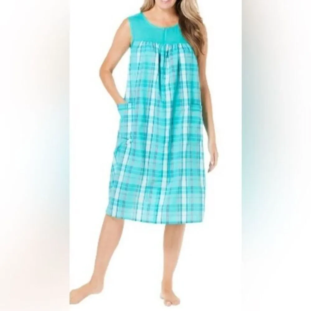 NWOT Dreams & Co Plus Size Teal Plaid Full Zip Lounge Dress Mumu - Size 26